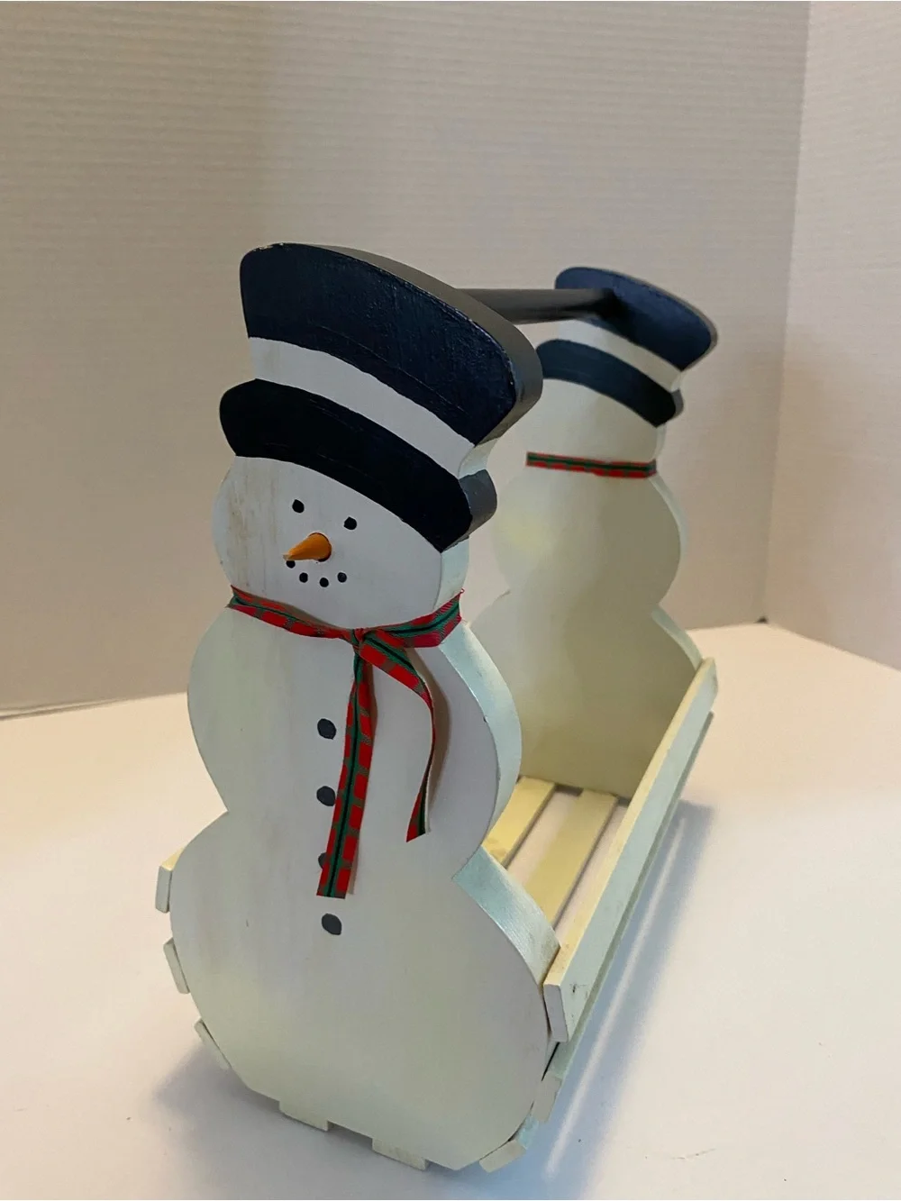 Vintage Snowman Wooden Basket W Handle Christmas Holiday White, Decor.